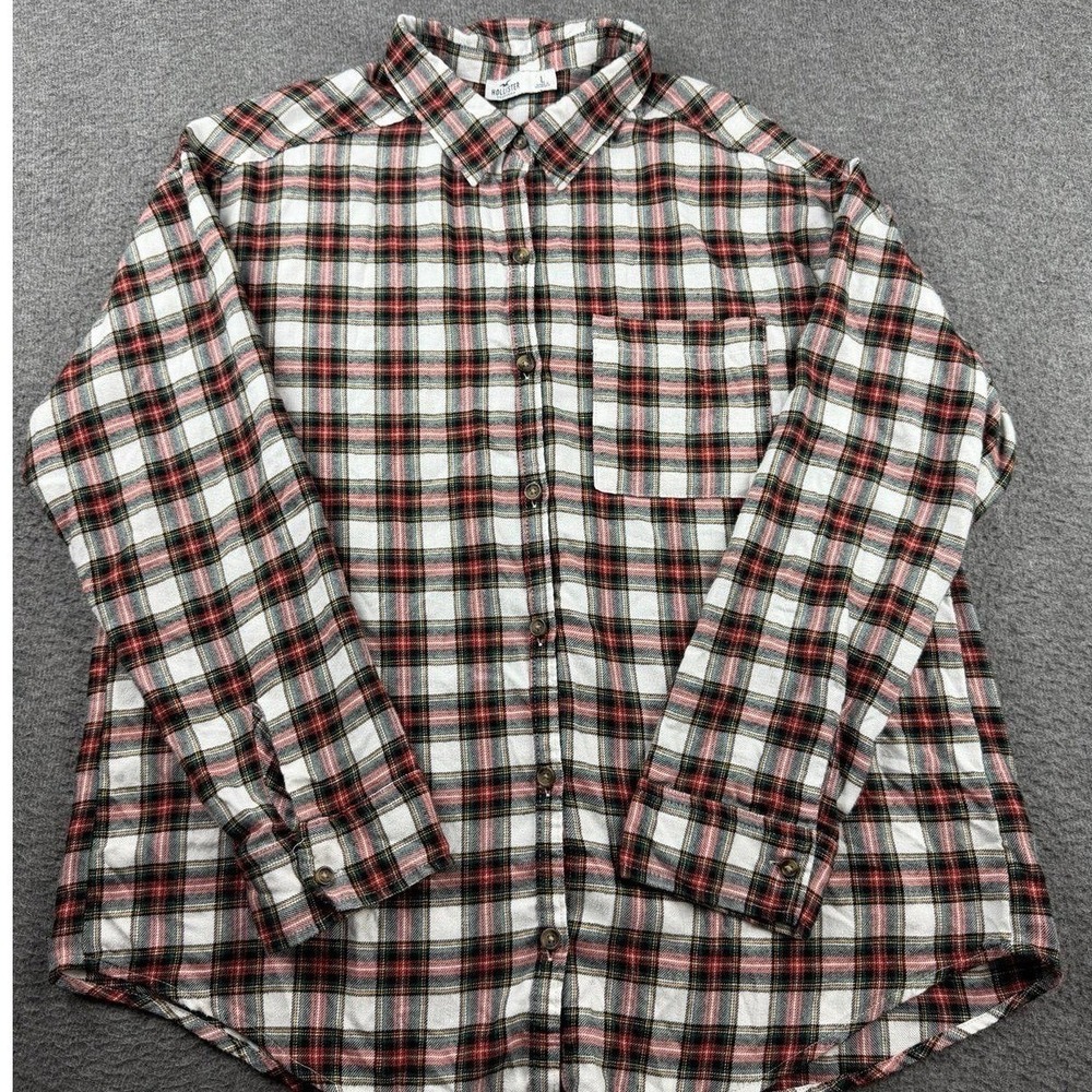 Hollister Men's Large Plaid Flannel Button Down Shirt Red Green Long Sleeve